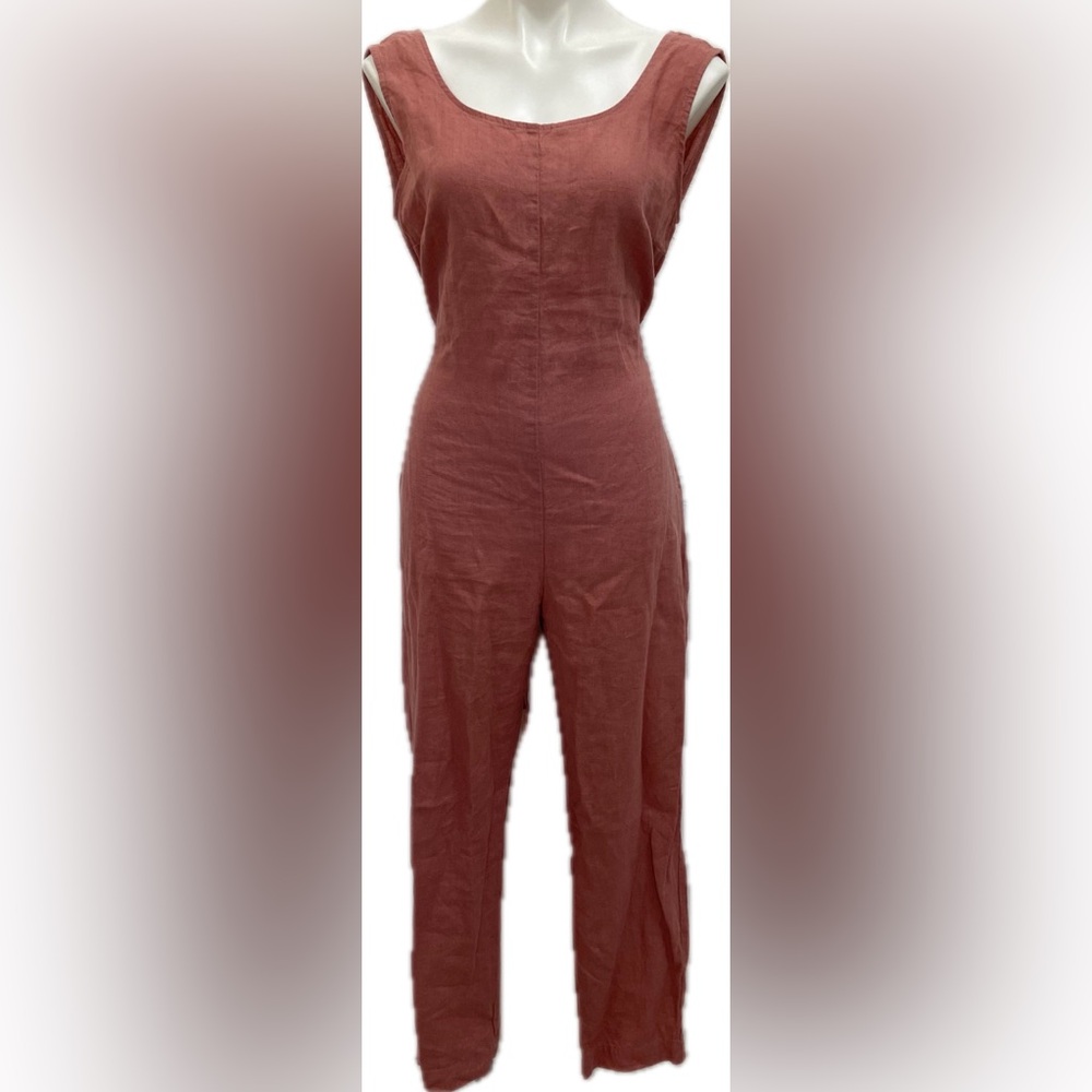LINENFOX EVELYN LINEN TIE WAIST SCOOP NECK SLEEVELESS BOHO OPEN BACK JUMPSUIT